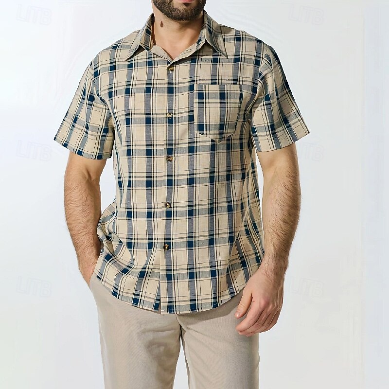 Men's Shirt Summer Shirt Casual Shirt Beach Shirt Button Up Shirt Yellow Gray Short Sleeve Plaid Lapel Vacation Hawaiian Pocket Clothing Apparel Polyester Fashion Casual Comfortable