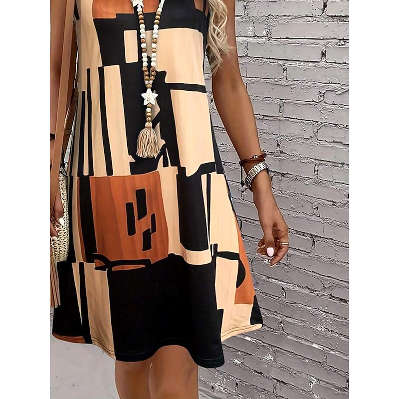 Women's Mini Dress Sundress A Line Dress Summer Dress Vacation Casual Regular Fit Graphic Geometric Color Block Sleeveless U Neck Light Brown Blue Summer Spring3