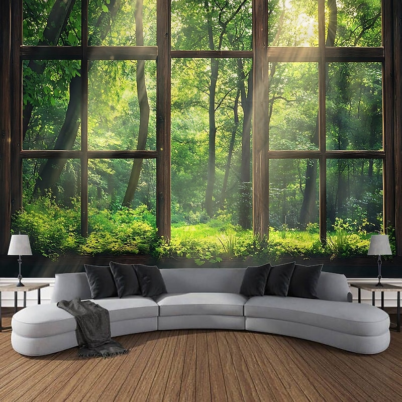Window Forest Landscape Tapestry Decorative Art Carpet Curtain Hanging Home Bedroom Living Room Decoration