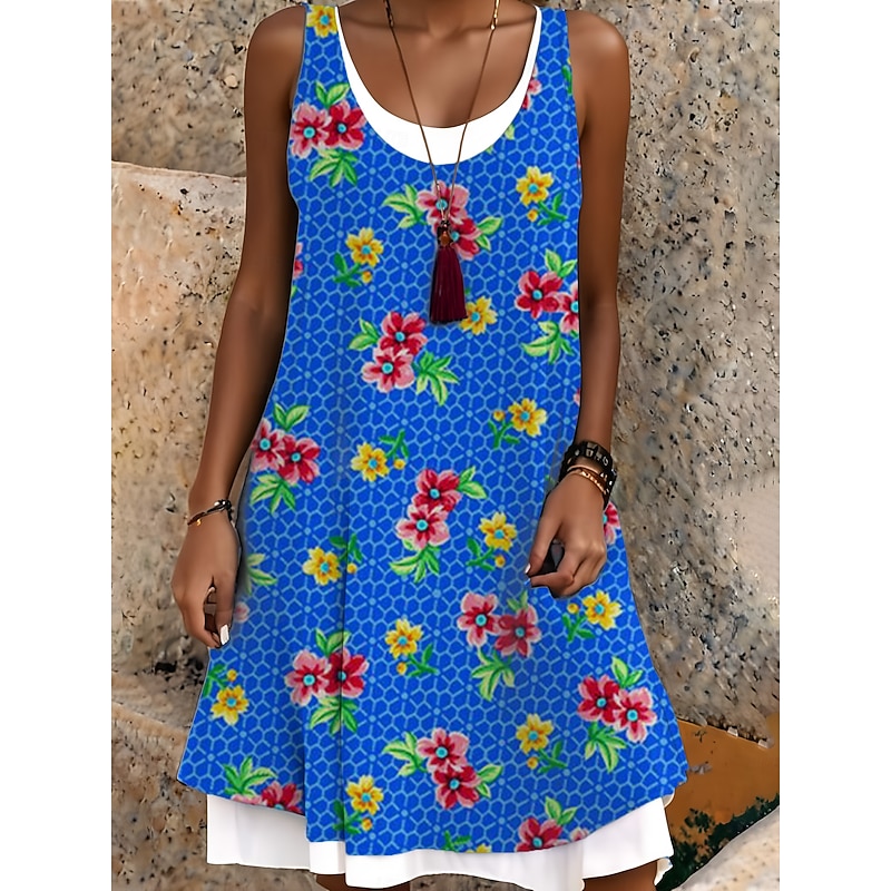 Women's Midi Dress Tank Dress Fashion Classic Outdoor Daily Weekend Regular Fit Graphic Sleeveless Crew Neck Blue Summer Spring Fall