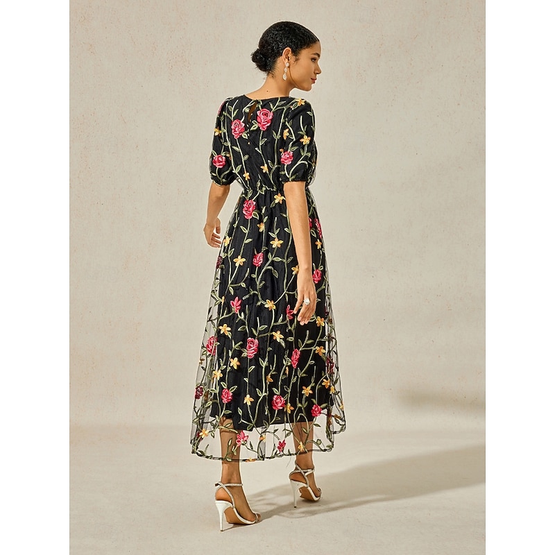 Women's Maxi Dress Black Dress A Line Dress Elegant Stylish Puff Sleeve Vacation Daily Loose Fit Floral Short Sleeve Crew Neck Black Summer3