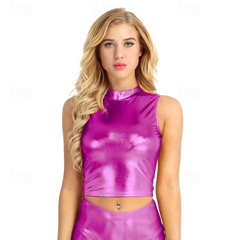 Retro Vintage 1980s Rave Crop Top Disco Shiny Latex Patent Metallic Bodycon Fancy Dress Women's Halloween Carnival Music Festival Pride Parade Pride Month Top Summer4