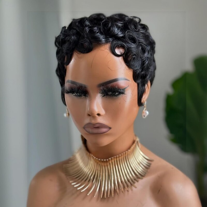 Human Hair Wig Short Medium Length Curly With Bangs Natural Black Easy dressing Machine Made Brazilian Hair Unisex All Natural Black #1B 4 inch Daily Wear2