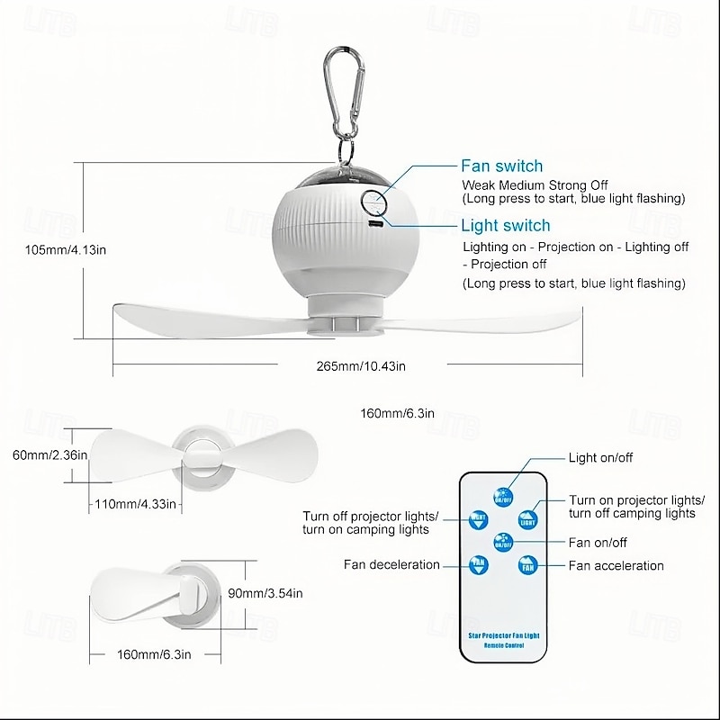 Starry Sky Projection Fan Light Multi Functional Creative Starry Sky Projection Light Room Lighting Living Room Atmosphere Light Outdoor Camping Fan Light Usb Charging  1PC3