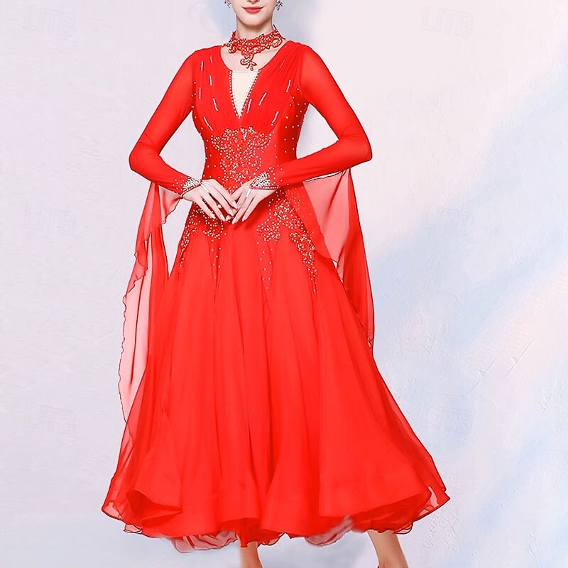 Ballroom Dance Dress Crystals / Rhinestones Women's Performance Party Long Sleeve Chiffon Spandex3