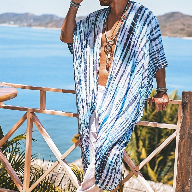 Men's Shirt Casual Shirt Beach Shirt Shrugs Blue Short Sleeves Stripes Vacation Hawaiian Clothing Apparel Polyester Fashion Ethnic Style Casual Comfortable3