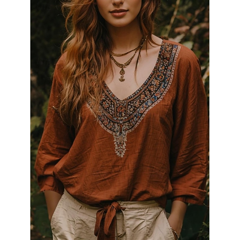 Women's Blouse Floral Graphic Geometric Bohemia Vintage Tropical 3/4 Length Sleeve V Neck Regular Tops Ruched Print Maroon Summer Spring