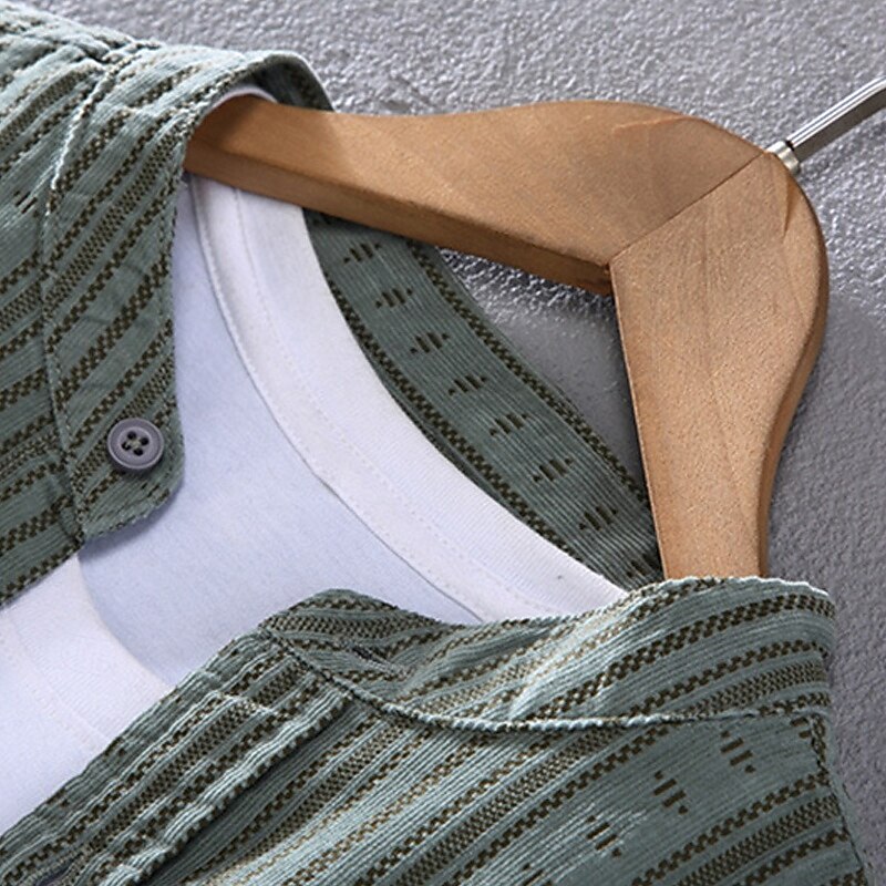 Men's Shirt Summer Shirt Casual Shirt Beach Shirt Button Up Shirt Green khaki Long Sleeve Stripes Grandad Collar Vacation Hawaiian Pocket Clothing Apparel Polyester Fashion Casual Comfortable3