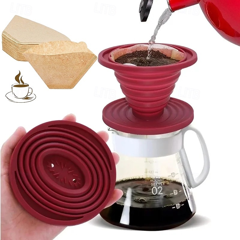 Collapsible Rubber Coffee Filter with 40Pcs Paper Filters - Collapsible Coffee Dripper Easy Red Manual Coffee Brew Maker with 40 Pieces Unbleached Paper Filters Paper Coffee Filter for Home Camping T