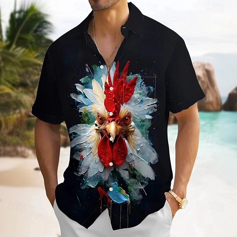 Men's Animal Rooster Shirt Summer Hawaiian Shirt Button Up Shirt Short Sleeve Hawaiian Holiday Beach Wear Summer Spring Turndown 3D Print Collared Shirts Front One Pocket Black