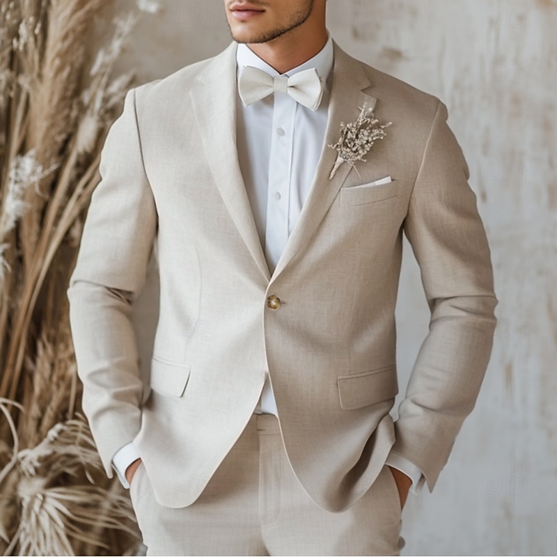 Men's Wedding Linen Suits Beige Summer Half Lined Lightweight Casual Solid Colored Standard Fit 2 Piece Single Breasted One-button
