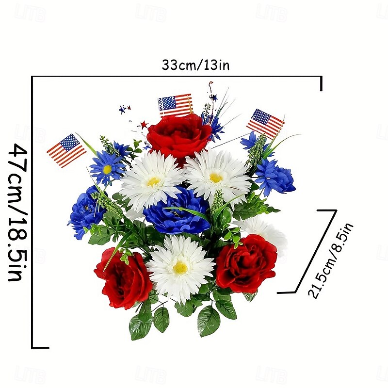 Patriotic Artificial Flowers 4th of July Bouquet Fake Independence Day Red White and Blue Cemetery Flowers with American Flags Roses Daisy for Grave Memorial Day  Veterans Decoration3