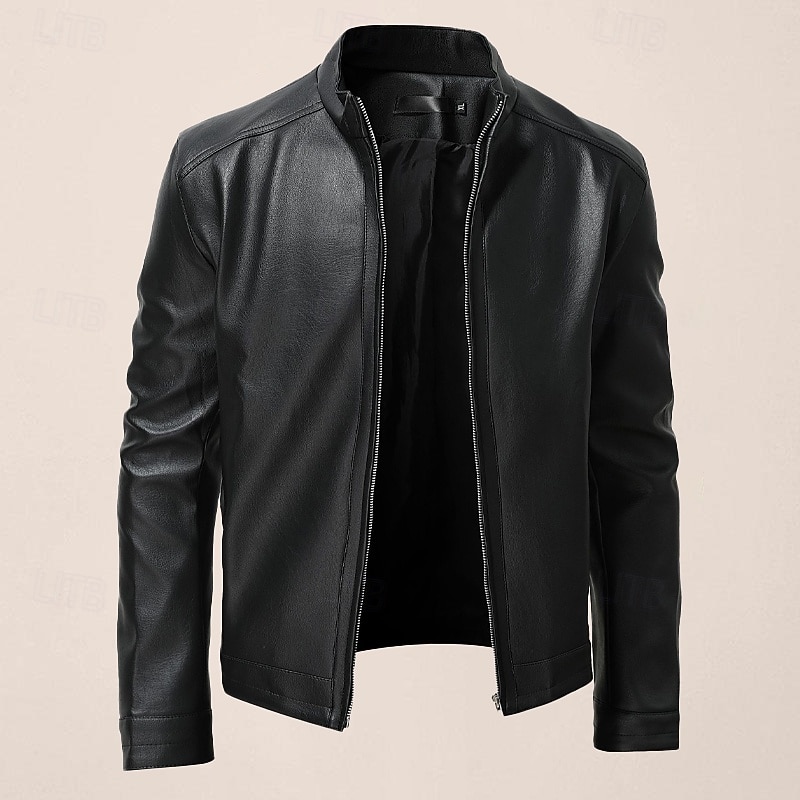 Male Faux Leather Jacket Transition Jacket Casual Daily Zipper All Seasons Pure Color Outdoor Standing Collar Faux Leather Black Jacket