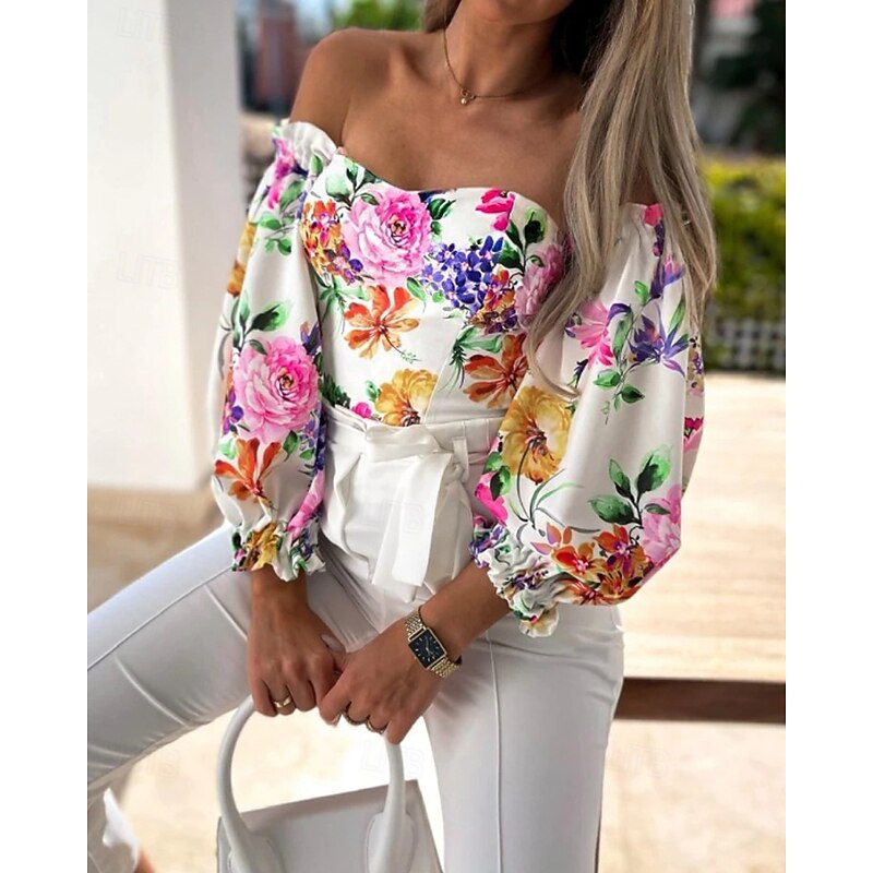 Women's Boho Shirt Blouse Flower Modern Boho Long Sleeve Off Shoulder Regular Tops Daily Going out Print Blush Pink Pink Wine Red Purple Summer2