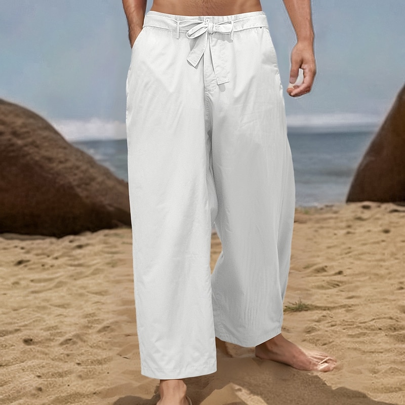 Men's Linen Pants Trousers Summer Pants Elastic Waist Plain Comfort Breathable Full Length Casual Daily Holiday Vacation Fashion Loose Fit Black White Micro-elastic2