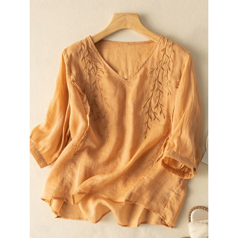 Women's Cotton Linen Shirt Floral Basic Ethnic Casual 3/4 Length Sleeve V Neck Regular Tops Daily Embroidered Yellow Navy Blue Purple Orange Apricot Summer2