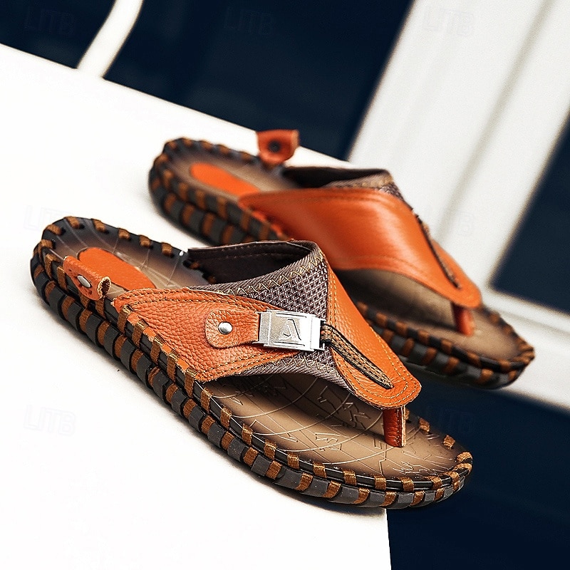 Men's Vintage Brown Faux Leather Flip Flops with Rugged Anti-Slip Sole – Outdoor Thong Sandals for Summer Hiking, Beach Adventures and Daily Casual Use2