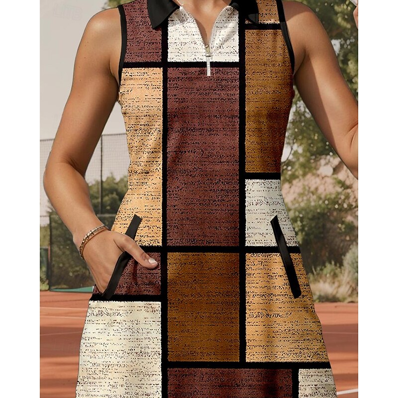 Women's Plaid / Check Tennis Dress Sports Dress Sleeveless Print Breathable Tennis Golf Badminton Polo Collar Zip Collar Dress Brown Tennis Clothing3