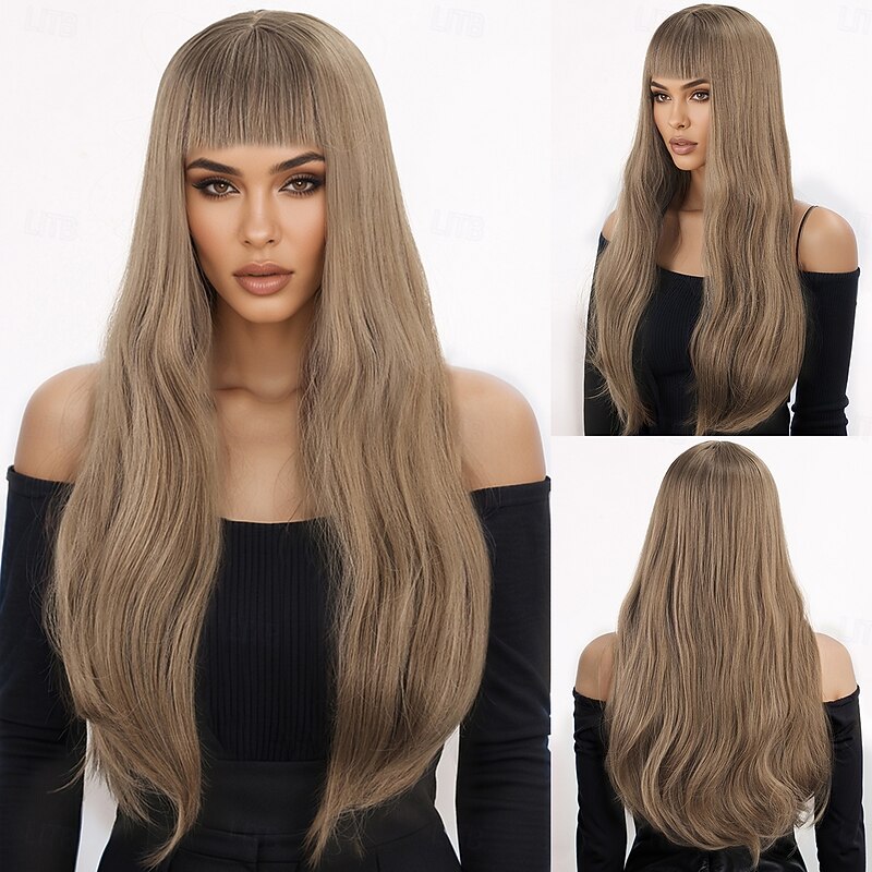 Synthetic Wig kinky Straight Straight Layered Haircut With Bangs Wig 24 inch A1 Synthetic Hair Women's Classic Comfortable Color Gradient Brown
