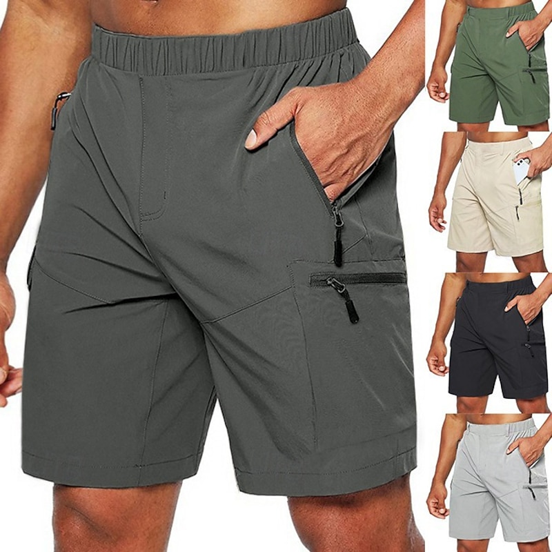 Men's Cargo Shorts Casual Shorts Elastic Waist Zipper Pocket Solid Color Ripstop Breathable Outdoor Daily Basic Casual Black Green