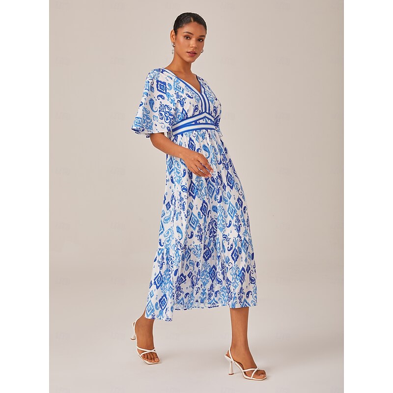 Blue Monochrome Print Empire Waist Midi Dress4
