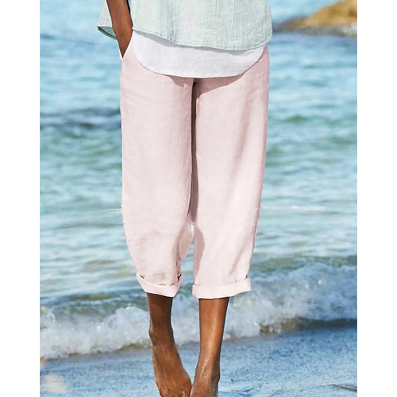 Women's Cotton Linen Pants Slacks Streetwear Casual Ankle-Length Natural Plain Pocket Elastic Waist Comfy Outdoor Street Going out White Yellow Pink Blue Summer Regular Fit4