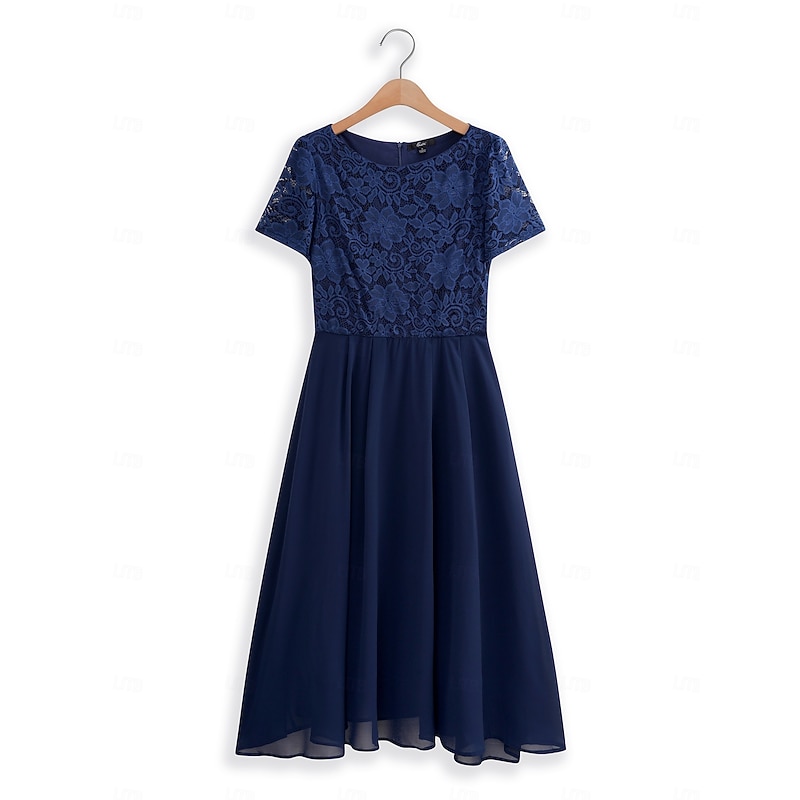 Women's Wedding Guest Cocktail Dress Chiffon Contrast Lace Ruffle Hem Elegant Formal  Midi A Line Dress Crew Neck Short Sleeve Dark Blue Color3