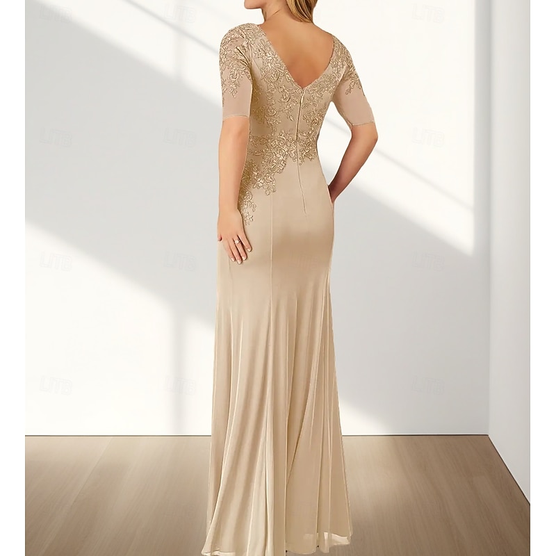 Mermaid / Trumpet Mother of the Bride Dress Wedding Guest Elegant Crew Neck Floor Length Chiffon Half Sleeve with Appliques4