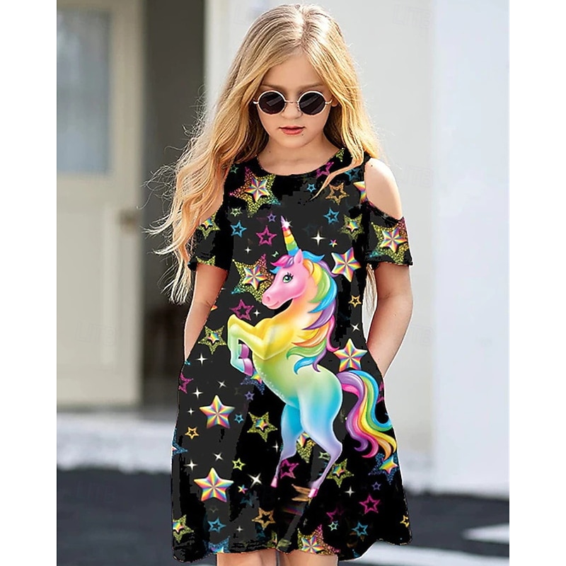 Girls' 3D Unicorn Dress Short Sleeve Summer Spring Vacation Daily Holiday Beautiful Sweet Kids 4-12 Years Casual Dress Knee-length Regular Fit4