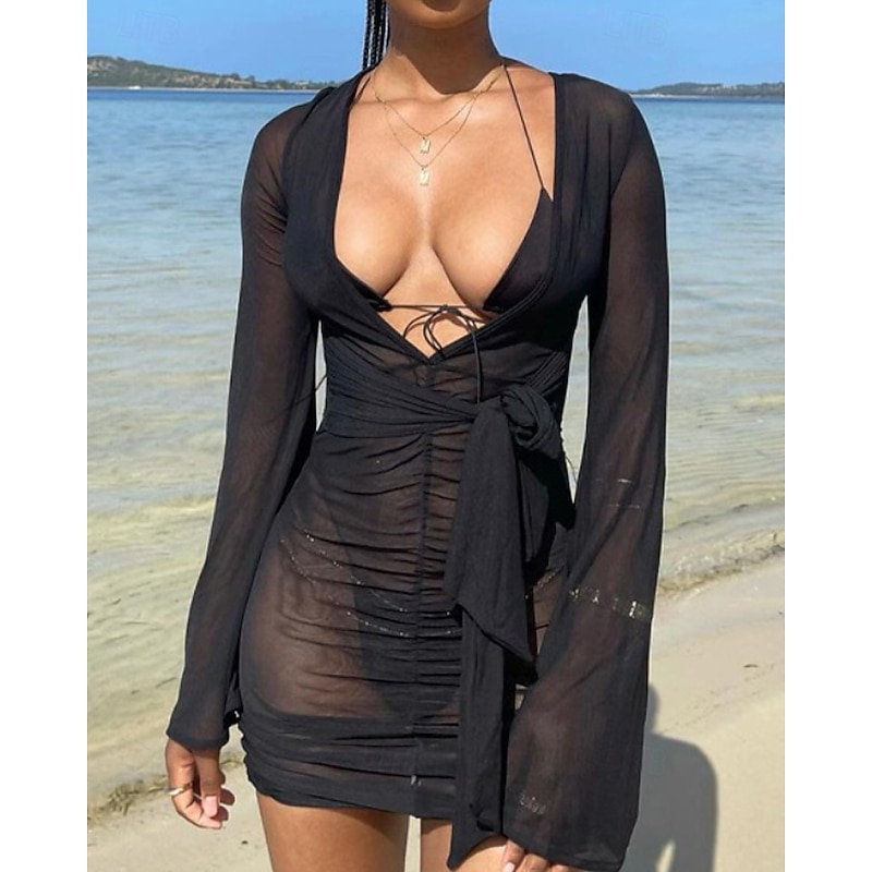 Women's Mini Dress Black Dress Cocktail Dress Bodycon Formal Dress Fashion Modern Vacation Going out Club Regular Fit Plain Long Sleeve V Neck White Summer4