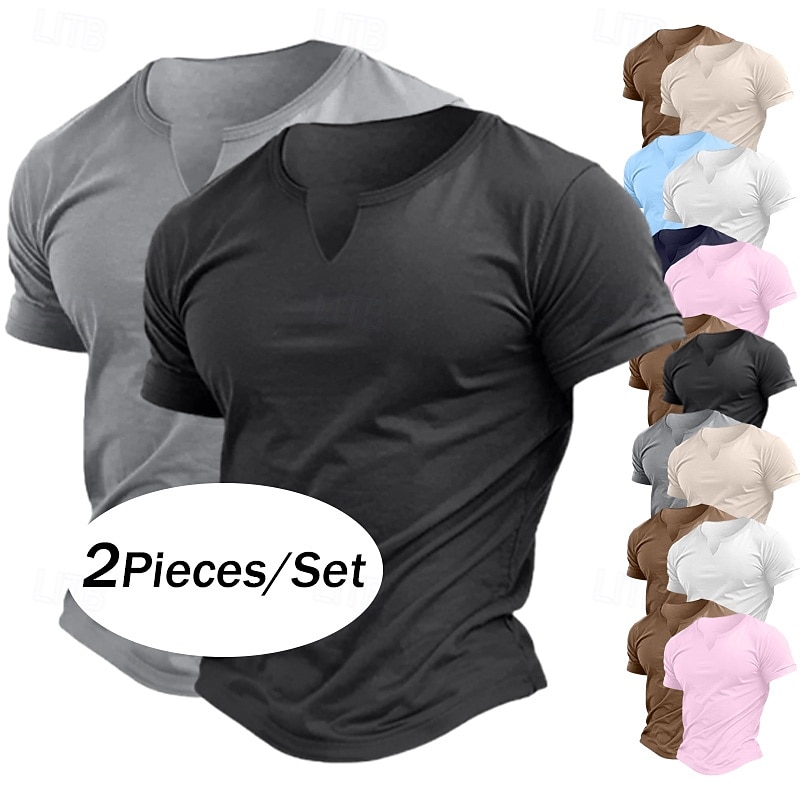 2 Pack Men's Cotton Blend T-Shirt Short Sleeve Crew Neck V Neck Summer All Seasons Plain Fashion Classic Casual 2 pcs Matching Street Casual Sports Top Tee for Men