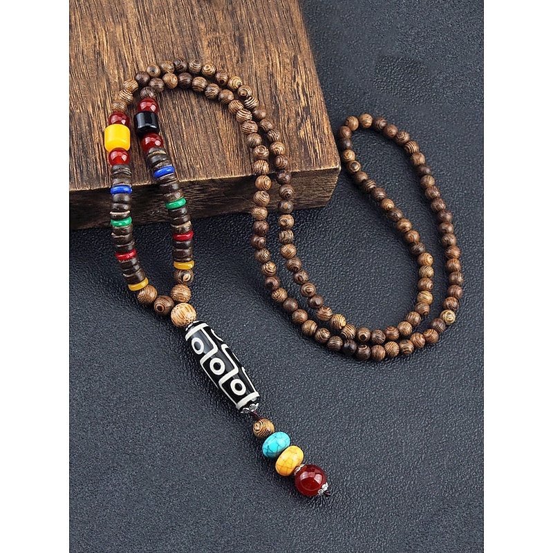 Men's Natural Wood Bead Necklace with Tibetan Totem Pendant, Boho Ethnic Style Long Chain Jewelry for Meditation, Yoga, Spiritual Gatherings and Casual Summer Outfits