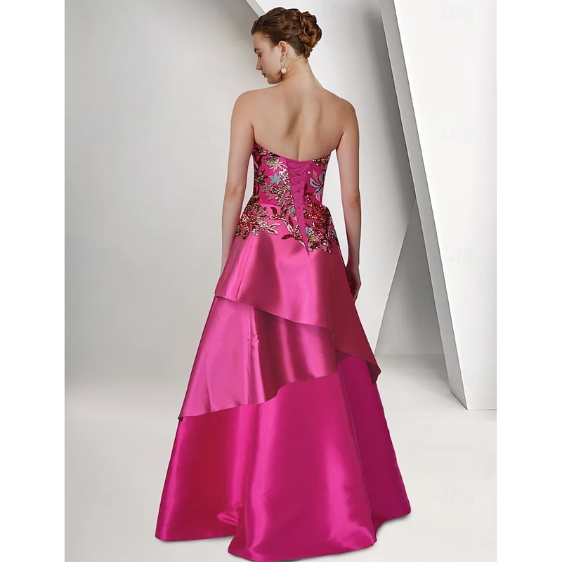 Beaded Gown Dropped Waist A-Line Evening Gown Asymmetrical Tiered Dress Formal Semi Formal Wedding Floor Length Sleeveless Satin2