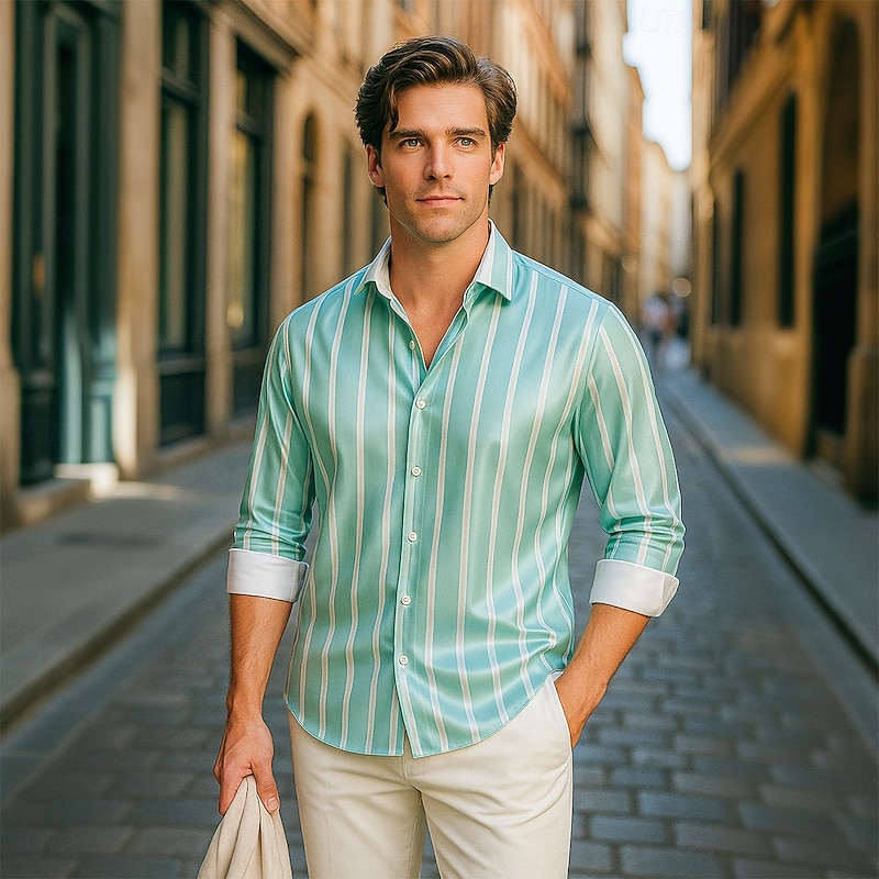 Men's Shirt Satin Shirt Striped Shirt Casual Shirt Button Up Shirt Striped Wedding Vacation Green Long Sleeve Collar Spring &  Fall Clothing Apparel2