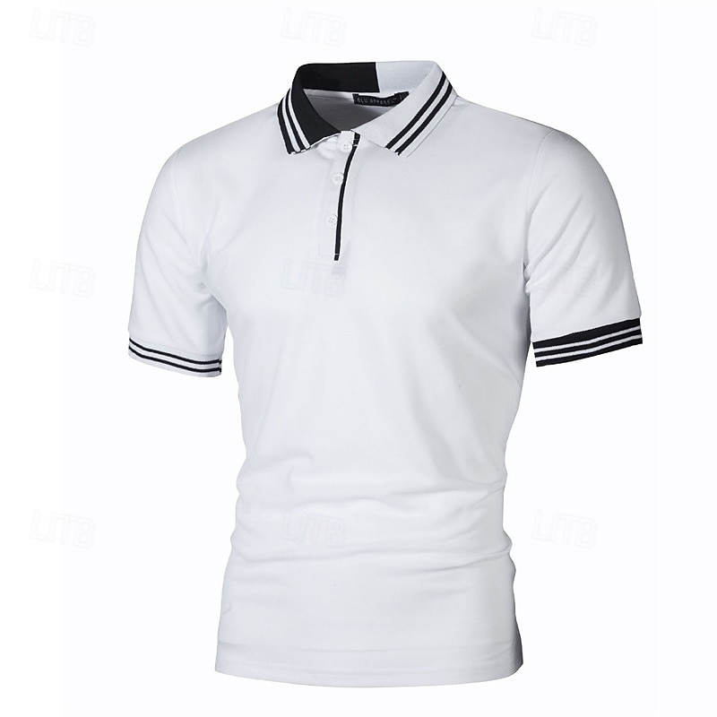 Men's Striped Polo Golf Shirt Short Sleeve Lapel Fashion Casual Outdoor Sport Daily Buttons Splice Summer White Red Navy Blue