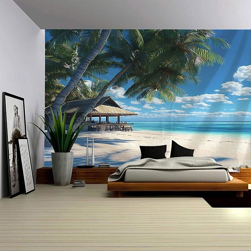 Beach Coconut Tree Landscape Summer Hanging Tapestry Mural Art Large Tapestry Mural Decoration Photos Background Carpet Curtains Home Bedroom Living Room Decoration2