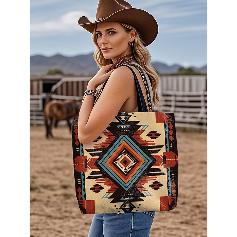 Women's Large Printed Tote Bag with Zipper Pocket, Bohemian Tribal Pattern, Durable Polyester Shoulder Bag for Travel, Shopping and Daily Use