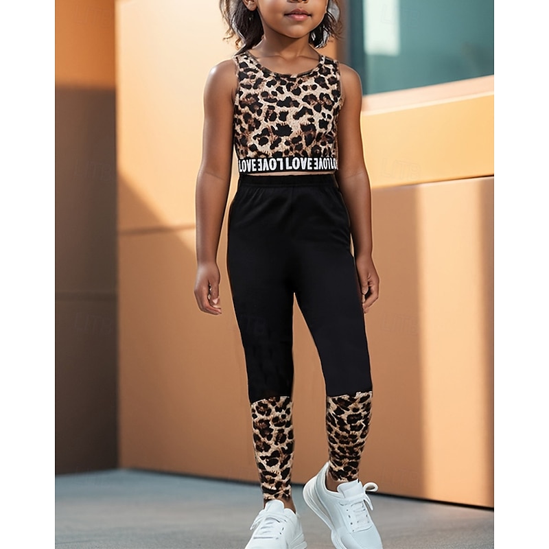 2 Pieces Kids Girls' Leopard Crewneck Tank & Pants Set Sleeveless Fashion Outdoor 4 years+ Summer Brown3