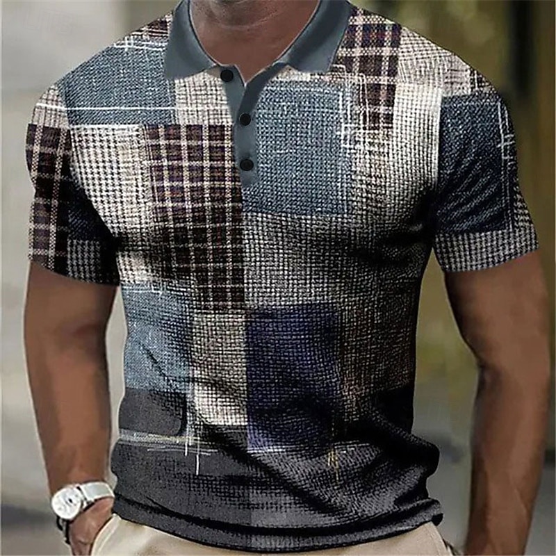Men's Plaid Waffle Polo Shirts Golf Shirt Short Sleeve Polo Shirts Collared Shirts Vintage Casual Vacation Wear Formal Wear Festival Wear Buttons 3D Print Blue Green Khaki