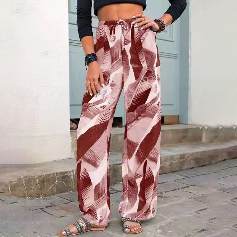 Women's Slacks Pants Trousers Fashion Boho Full Length Natural Leaf Print Elastic Drawstring Design Comfy Outdoor Comfortable Outdoor Holiday Casual Daily Grey Pink Purple Green Summer Regular Fit4