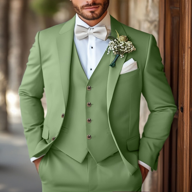 Men's Wedding Suits Sage Summer Fashion Formal Solid Colored Standard Fit 3 Piece Single Breasted Two-buttons
