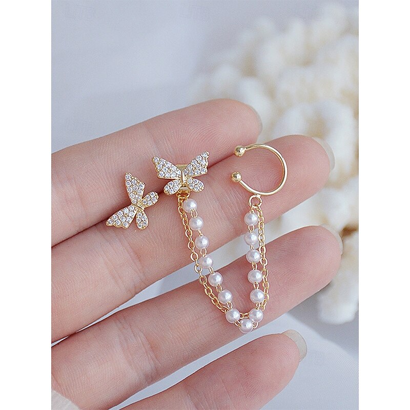 Women's gold butterfly pearl drop earrings with chain, asymmetric design, elegant crystal butterfly design, suitable for party and casual holiday wear4