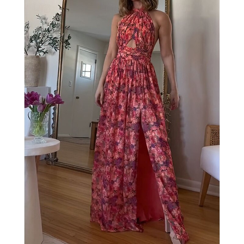 Women's Long Dress Maxi Dress Casual Dress Floral Dress Fashion Elegant Dress Outdoor Party Holiday Regular Fit Flower Sleeveless Halter Neck Red Summer