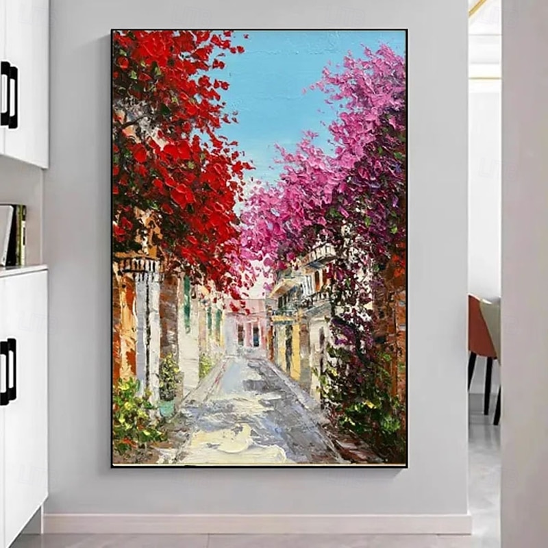 Hand-Painted Mediterranean Alley Oil Painting - Blooming Bougainvillea  Golden forest oil painting handmade autumn oil painting landscape paintings  Wall Art for Living Room Decor