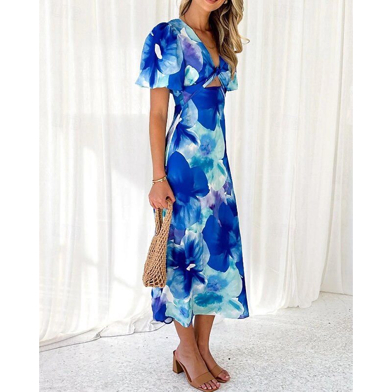 Women's Midi Dress Floral Dress Boho Dress Print Dress Fashion Modern Vacation Holiday Going out Regular Fit Flower Short Sleeve V Neck Blue Green Summer4
