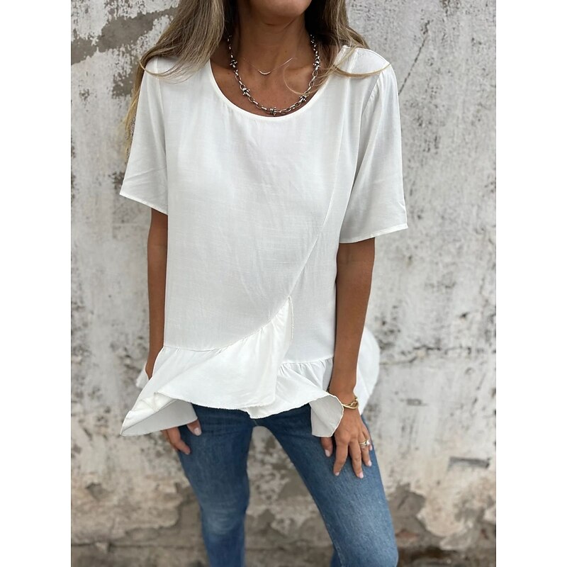Women's Cotton Linen Shirts Solid Color Daily Modern Short Sleeve Crew Neck Regular Tops Daily Holiday Ruffle Black White Pink Blue Summer2