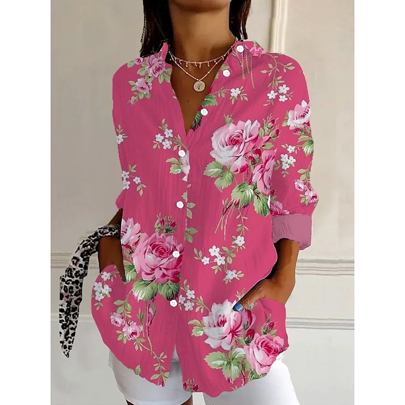Women's Shirt Button Down Tunic Shirt Collar Long Sleeve Floral Graphic Vintage Tropical Daily Regular Tops Work Daily Holiday s Print Rose Pink Spring