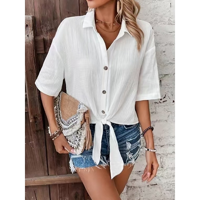 Women's Shirt Button Down Blouse Solid Color Stylish Casual Half Sleeve Shirt Button Down Blouse Collar Regular Tops Daily Buttons White Pink Green Light Blue Summer