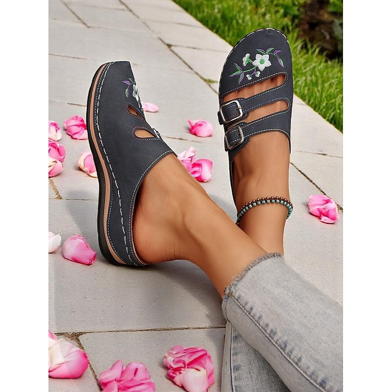 Women's Embroidered Cutout Buckle Strap Mules – Vintage-Inspired Floral Casual Shoes, Great for Spring Walks and Daily Style3