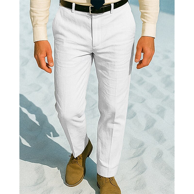 Men's Dress Pants Linen Pants Trousers Chinos Buttons Pocket Plain Comfort Formal Party Work Fashion Classic Style White Khaki Micro-elastic